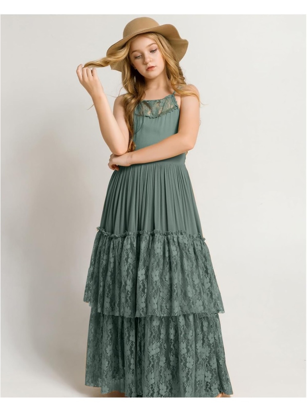 Girls Lace Tiered Maxi Dress in Olive Green